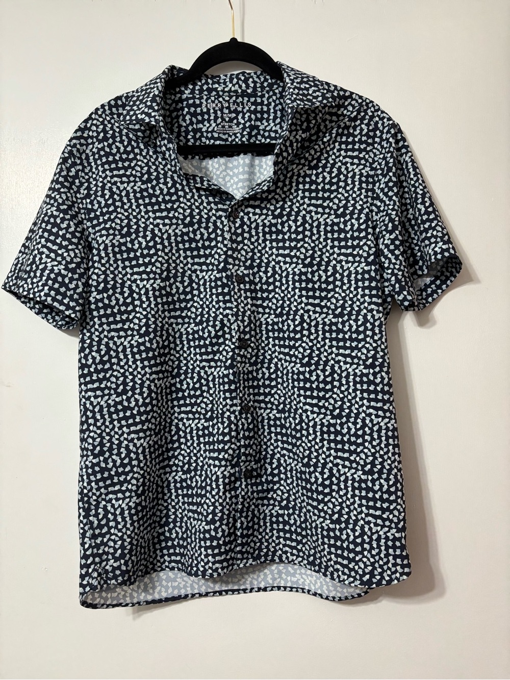 Perry Ellis Navy Blue and White Short Sleeve Button-Down Shirt